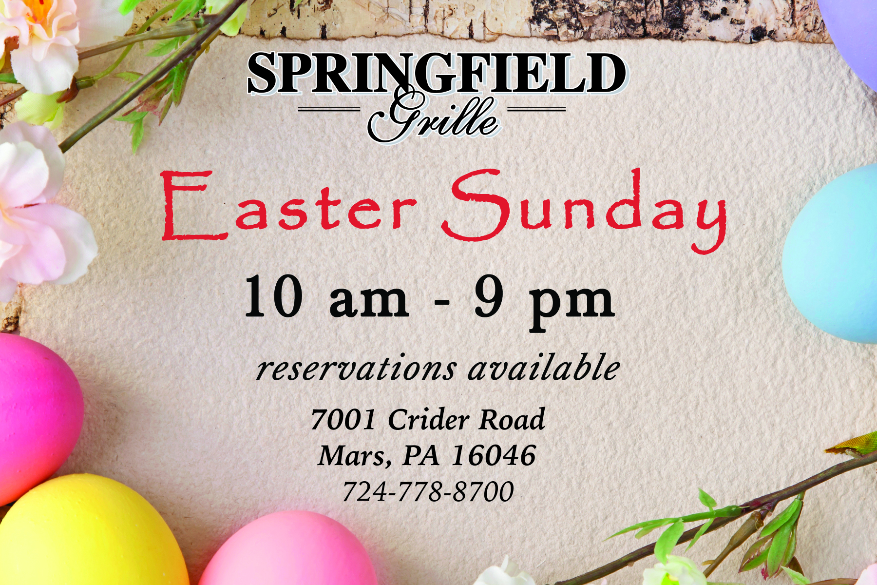 Easter Specials at a Glance! Springfield Grille Mars, PA